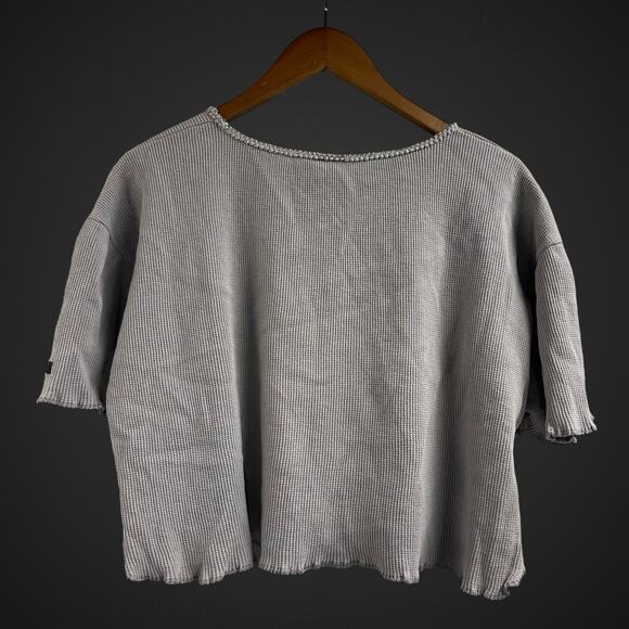 Susan Fixel Top Gray Waffle Knit Boxy Crop Large Vintage Lettuce Hem - Picture 6 of 6